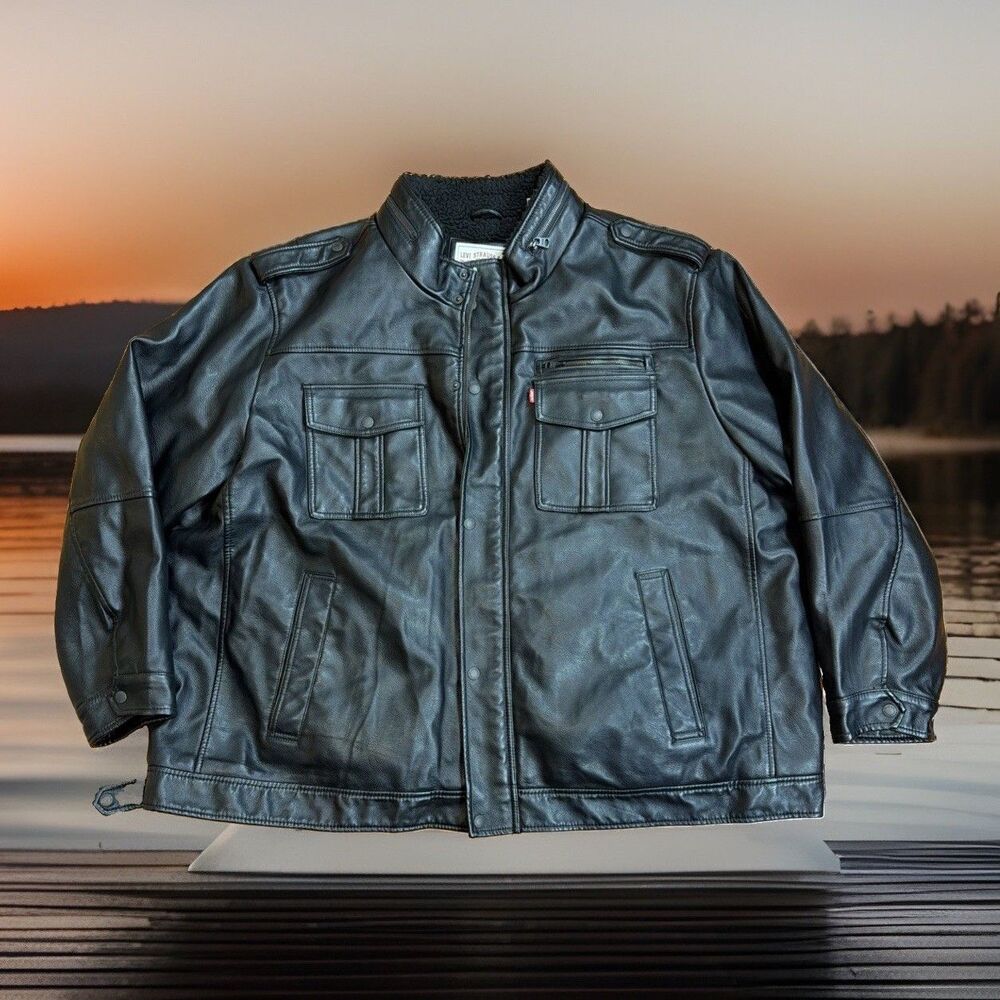 Levi's Bomber Jacket Men Black Faux Leather 4XL Zip SherpaLined Motorcycle Biker